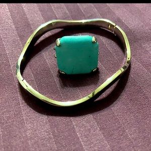 Wavy Sterling Silver Bracelet & Turquoise adjustable silver plated ring. Used.
